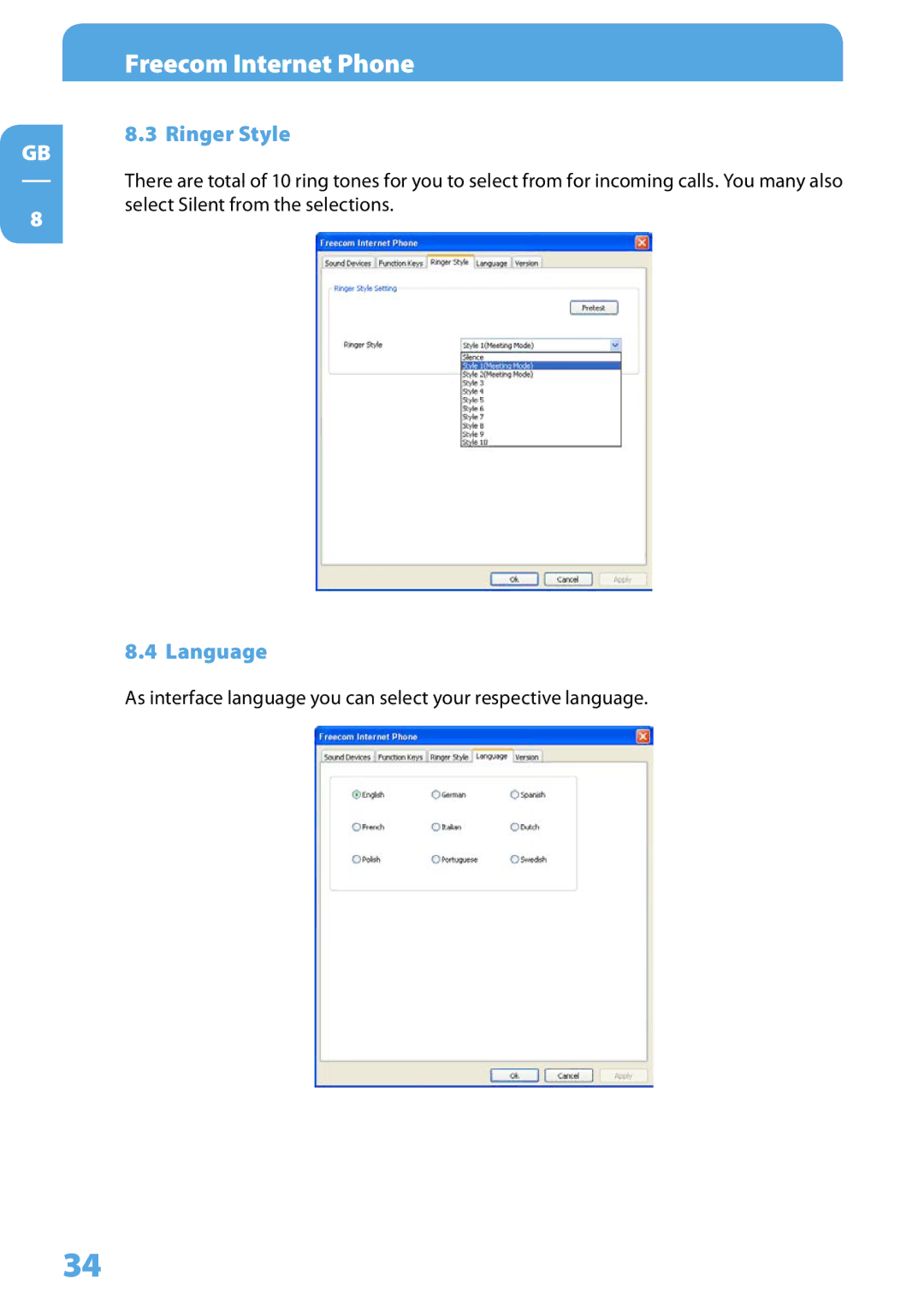 Freecom Technologies Skype Phone user manual Ringer Style, Language 