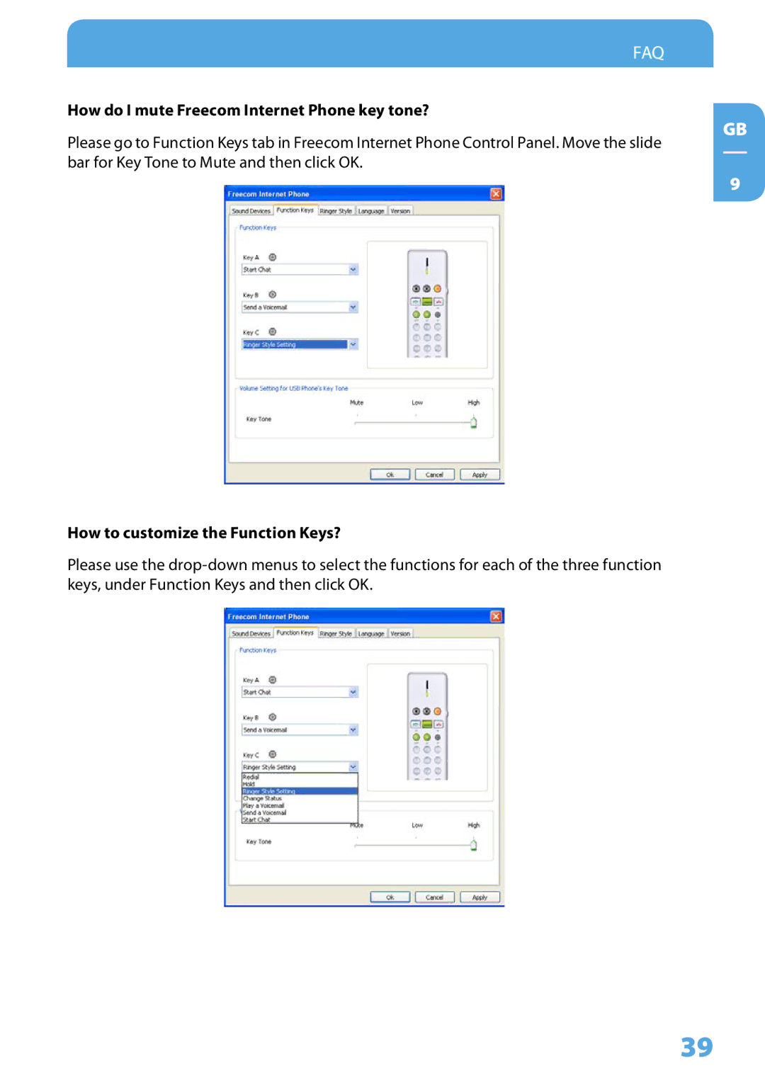 Freecom Technologies Skype Phone How do I mute Freecom Internet Phone key tone?, How to customize the Function Keys? 