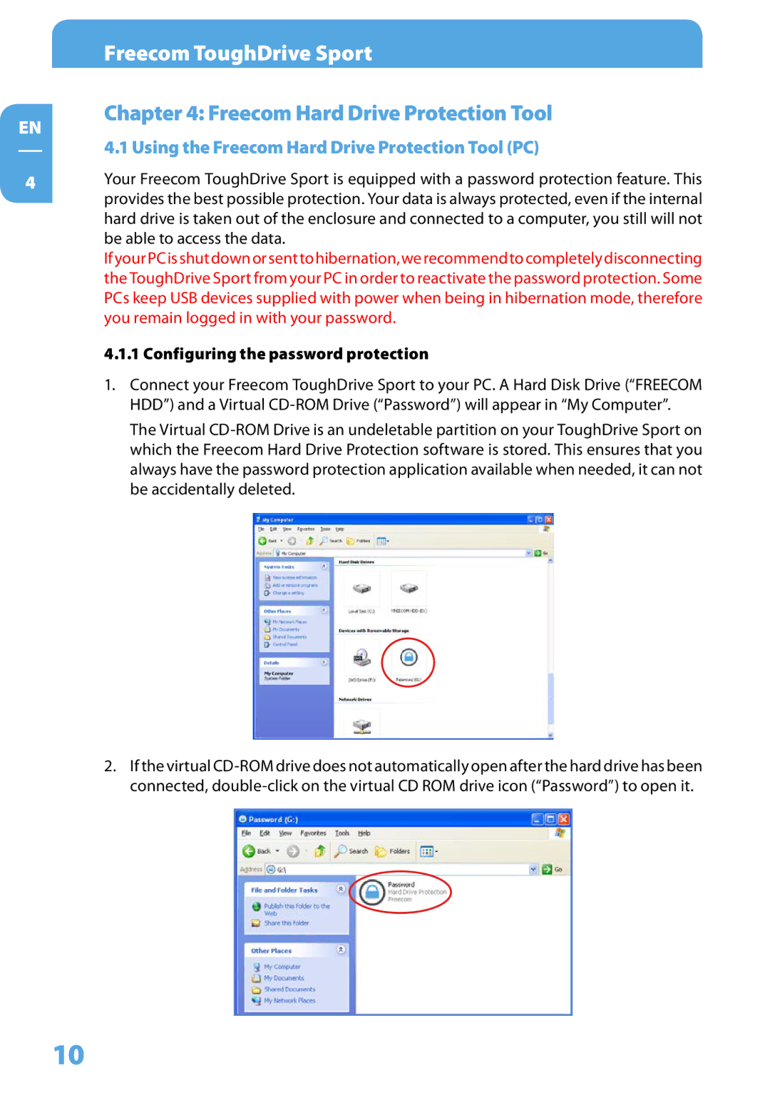 Freecom Technologies Tough Drive Sport user manual Using the Freecom Hard Drive Protection Tool PC 