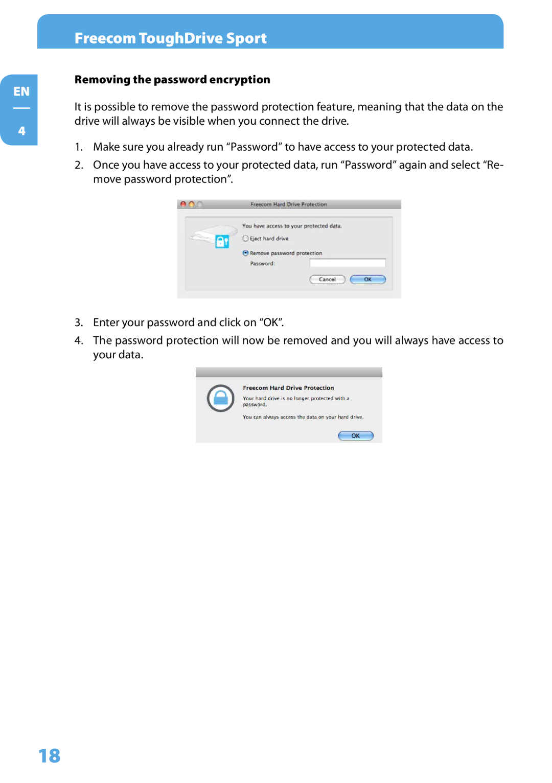 Freecom Technologies Tough Drive Sport user manual Removing the password encryption 