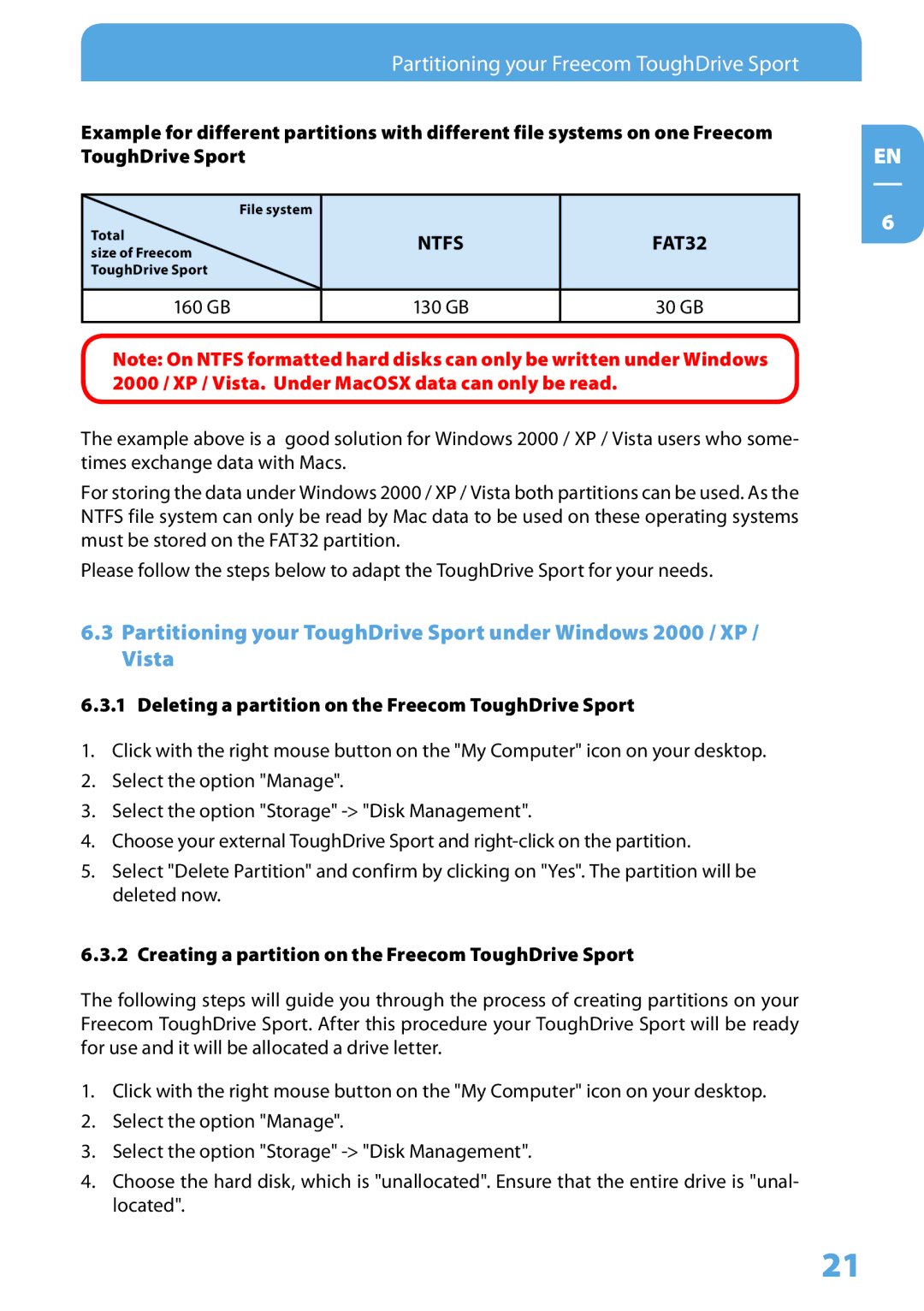 Freecom Technologies Tough Drive Sport user manual Deleting a partition on the Freecom ToughDrive Sport 