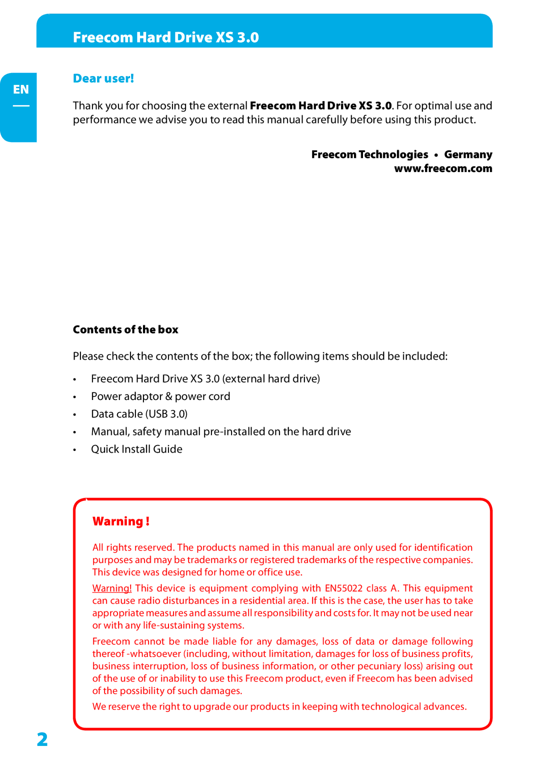 Freecom Technologies XS 3.0 user manual Freecom Hard Drive XS, Dear user 