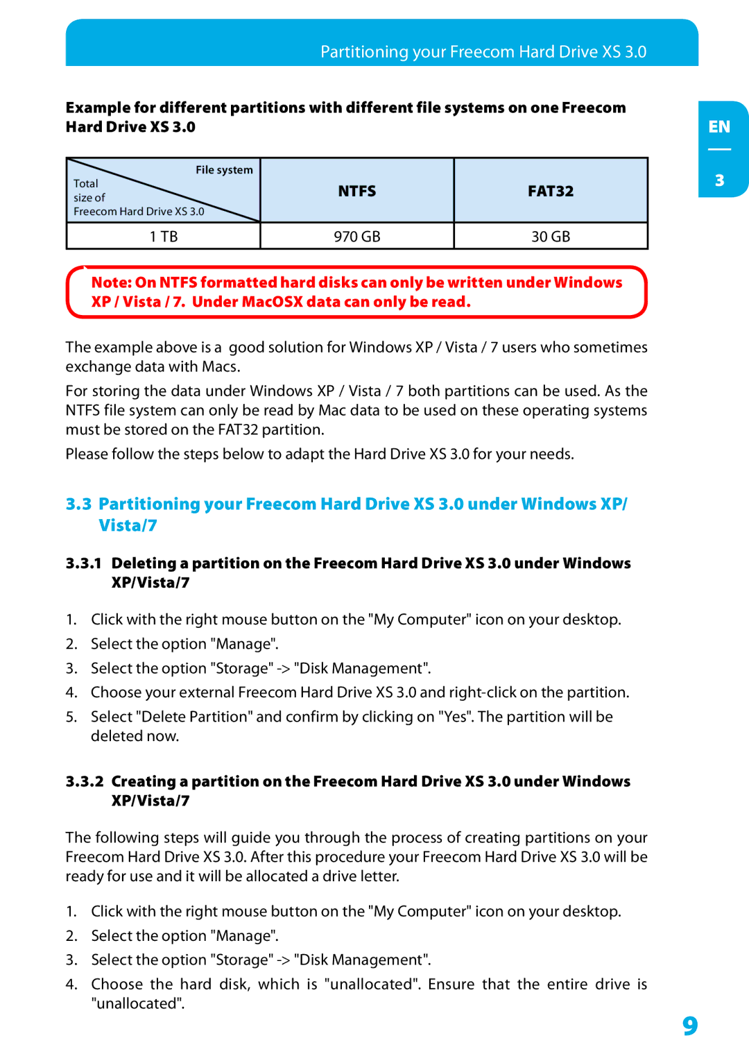 Freecom Technologies XS 3.0 user manual Partitioning your Freecom Hard Drive XS 