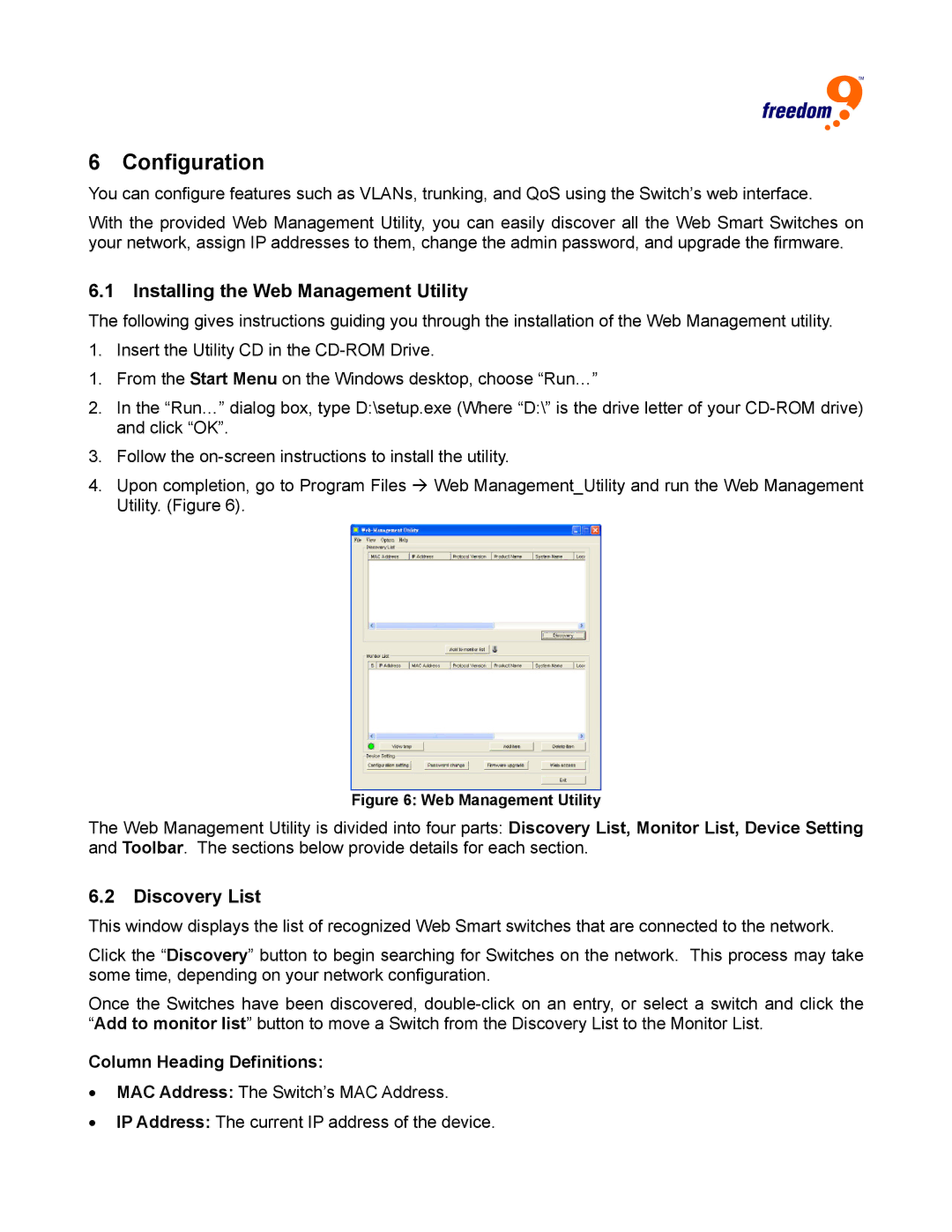 Freedom9 2420 user manual Configuration, Installing the Web Management Utility, Discovery List, Column Heading Definitions 