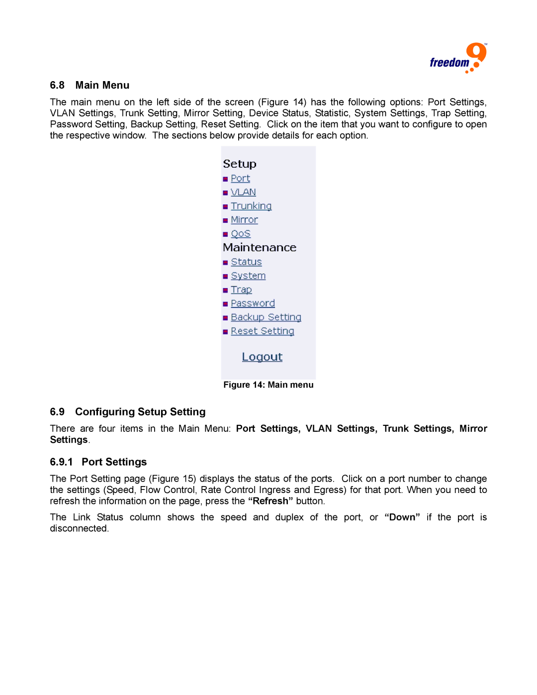 Freedom9 2420 user manual Main Menu, Configuring Setup Setting, Port Settings 