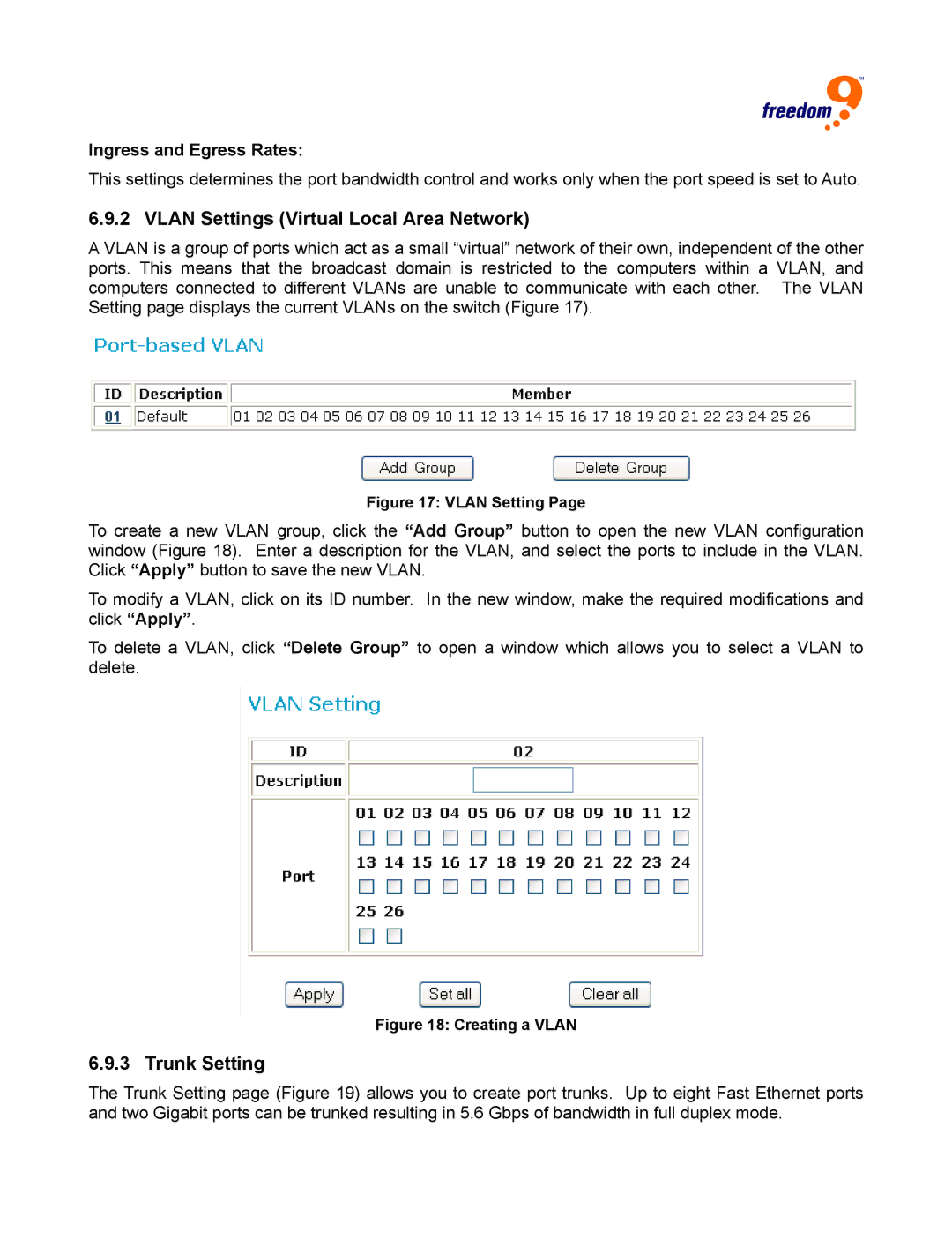 Freedom9 2420 user manual Vlan Settings Virtual Local Area Network, Trunk Setting, Ingress and Egress Rates 