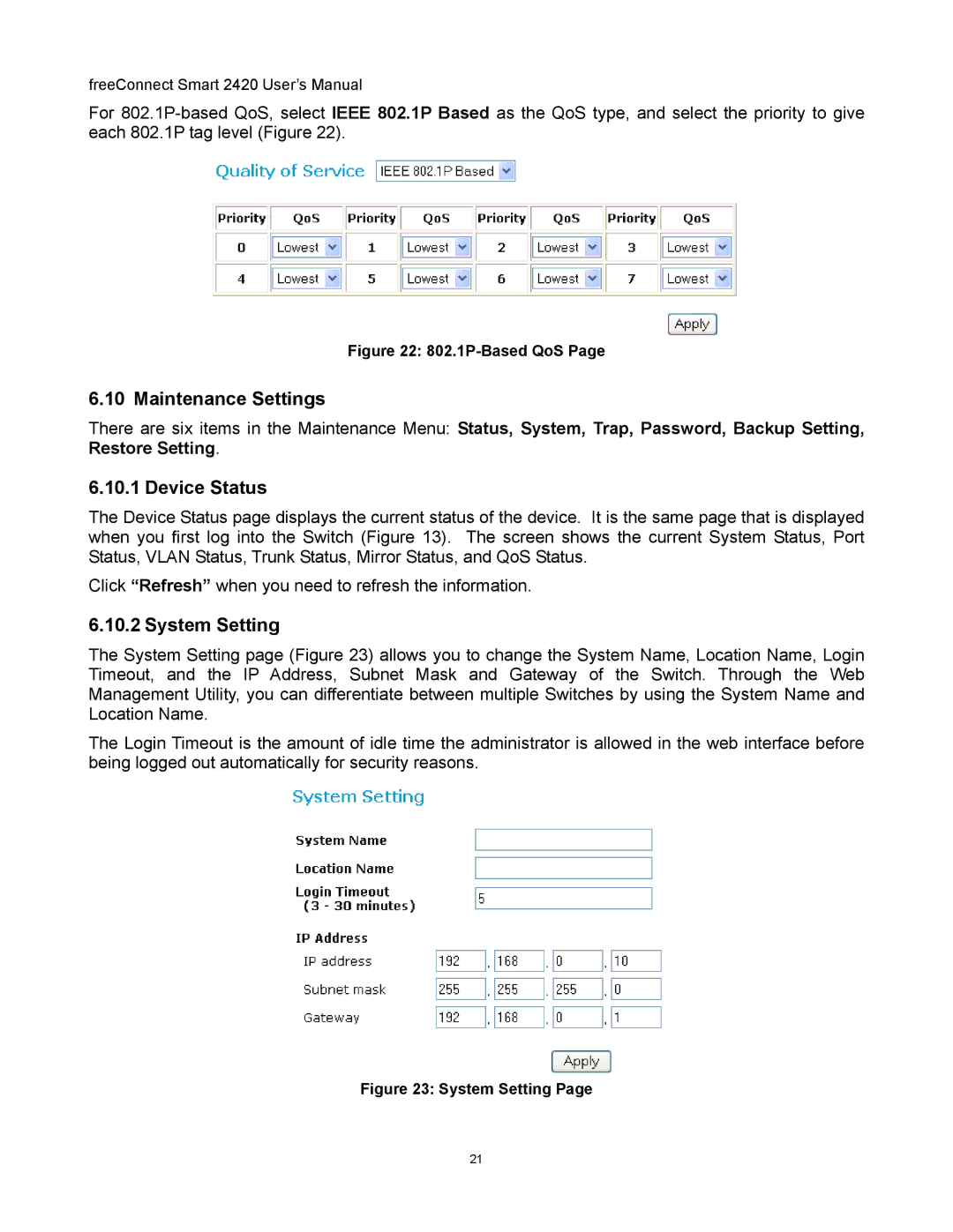 Freedom9 2420 user manual Maintenance Settings, Device Status, System Setting 