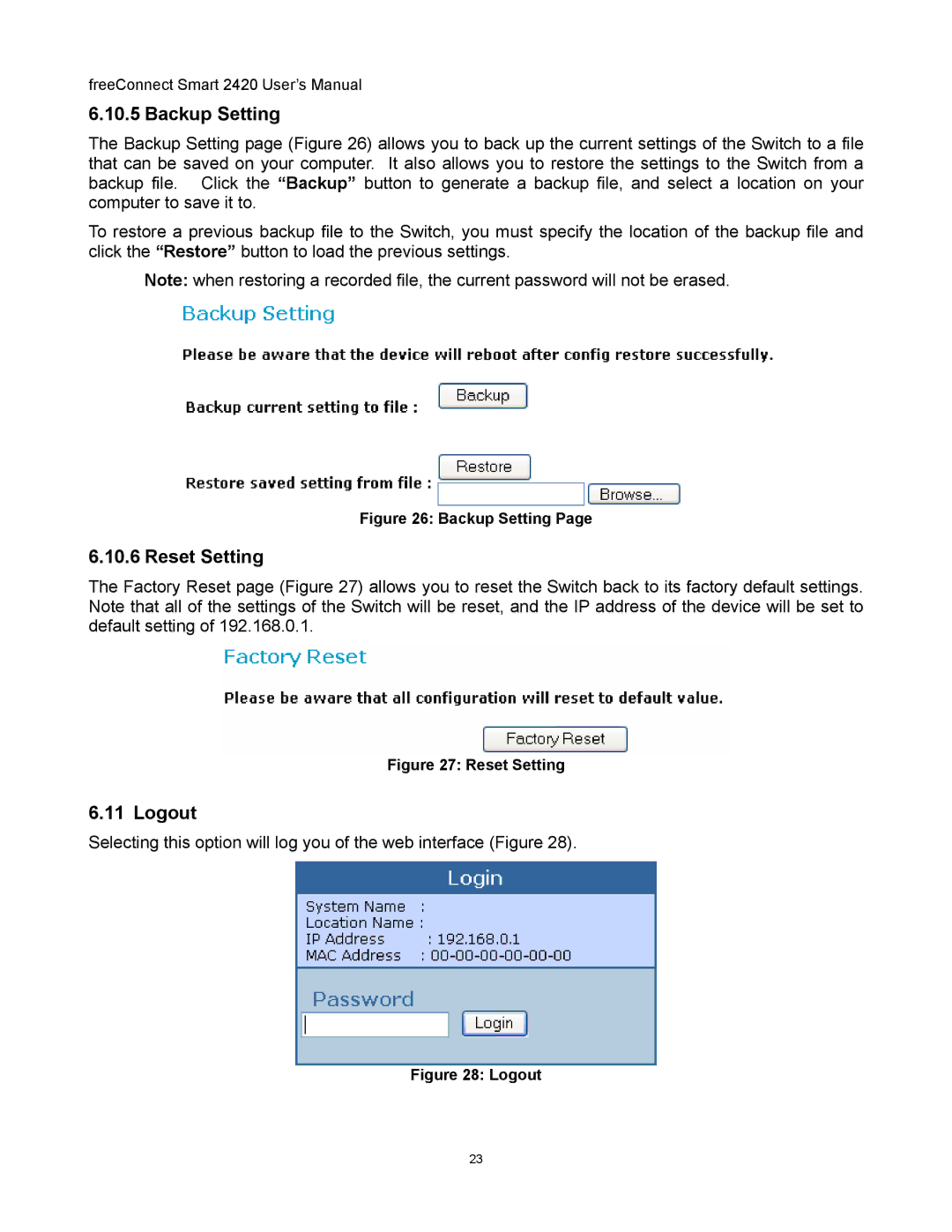 Freedom9 2420 user manual Backup Setting, Reset Setting, Logout 