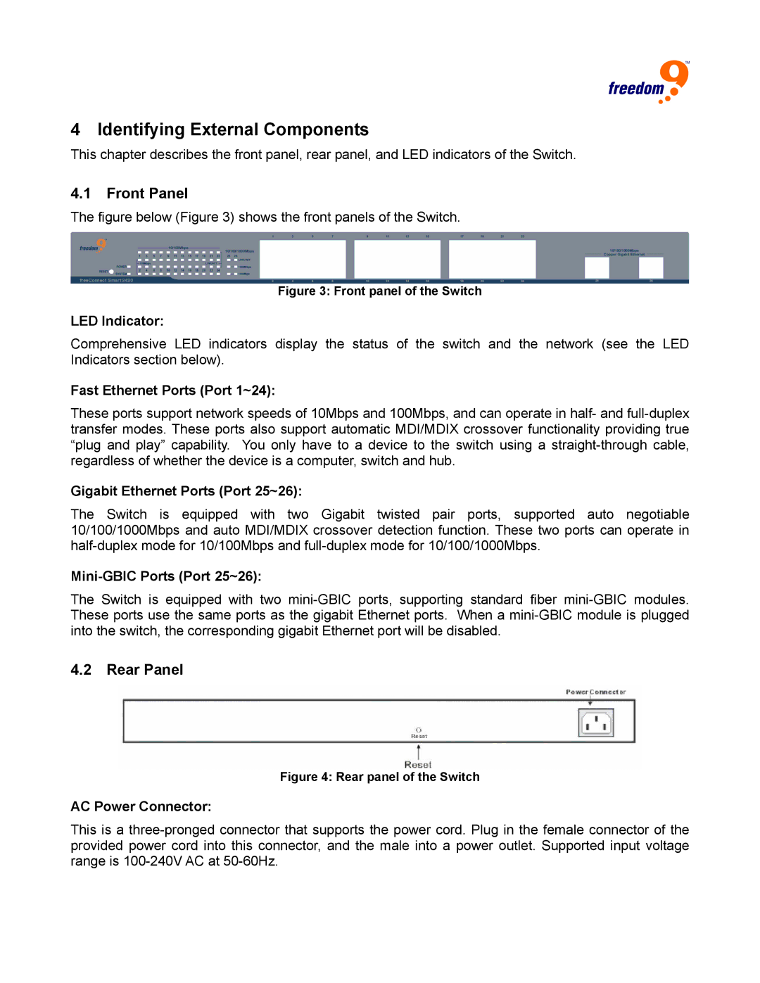 Freedom9 2420 user manual Identifying External Components, Front Panel, Rear Panel 