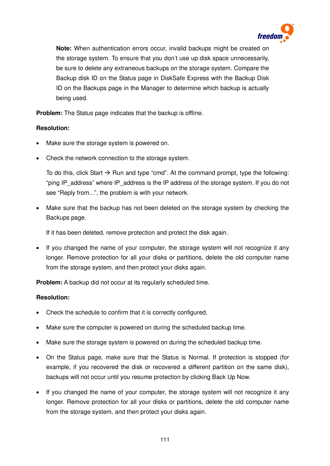 Freedom9 4020 user manual Problem The Status page indicates that the backup is offline 