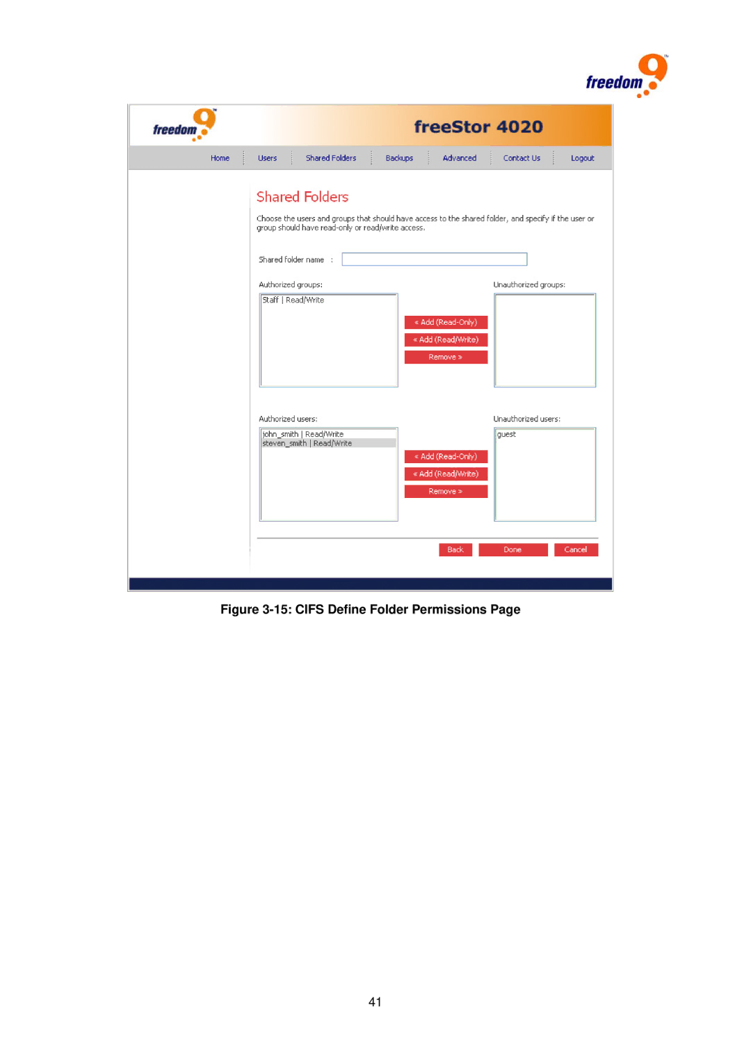 Freedom9 4020 user manual Cifs Define Folder Permissions 