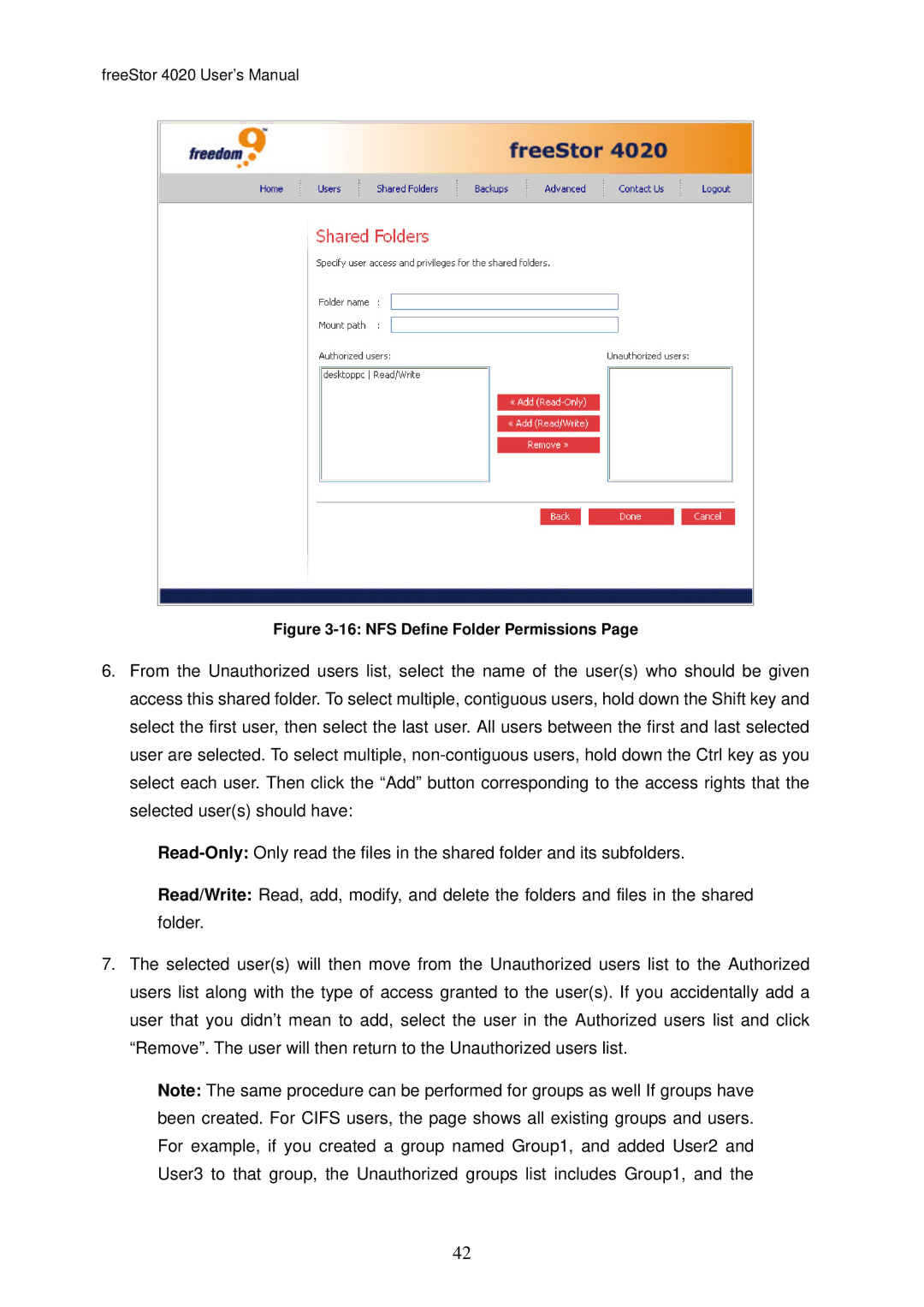 Freedom9 4020 user manual NFS Define Folder Permissions 