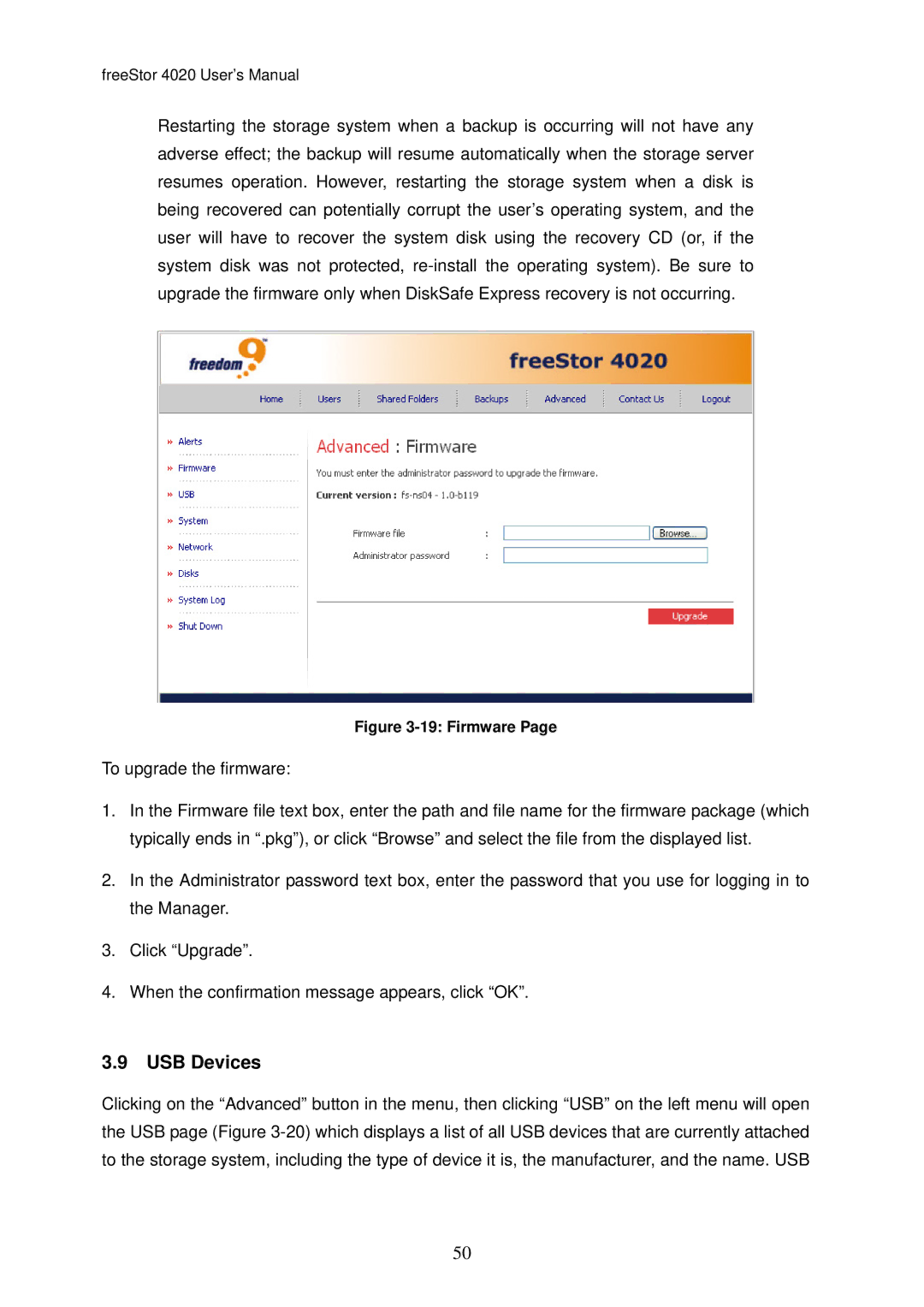 Freedom9 4020 user manual USB Devices, Firmware 