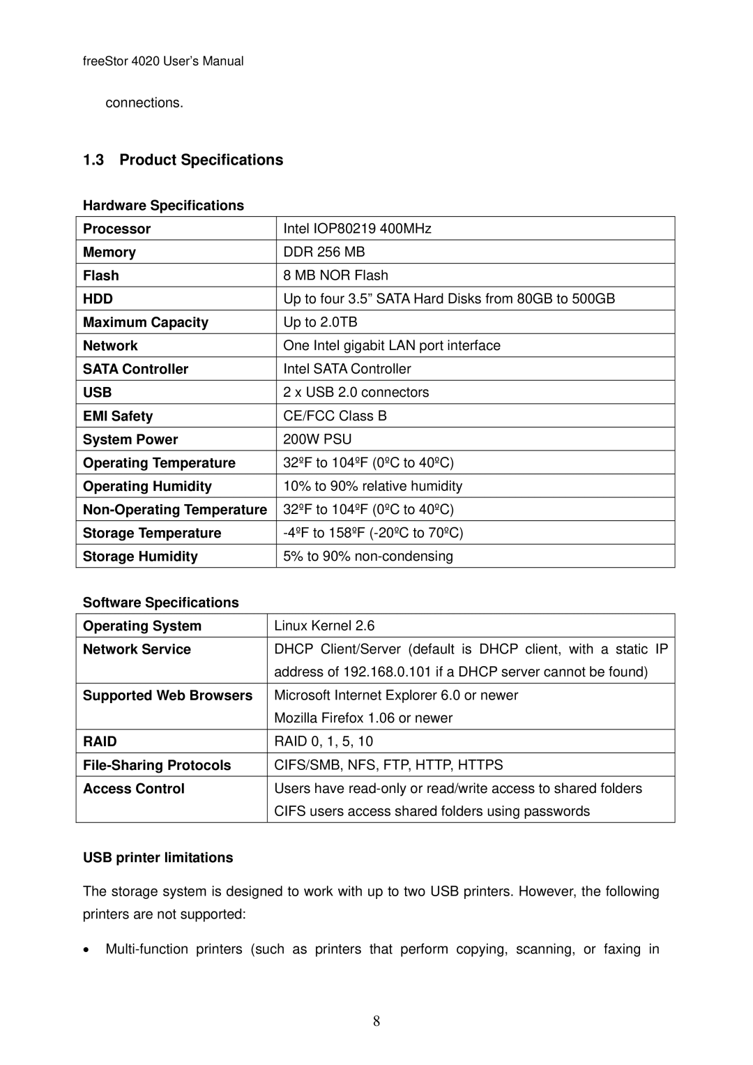 Freedom9 4020 user manual Product Specifications 