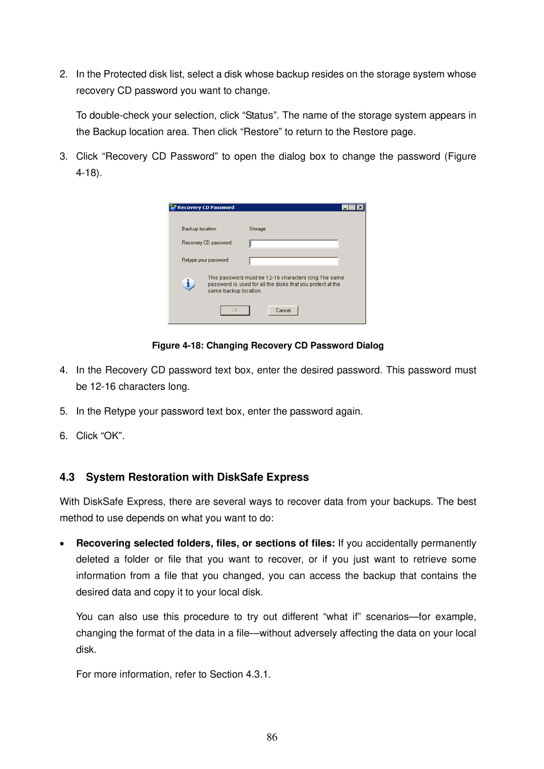 Freedom9 4020 user manual System Restoration with DiskSafe Express, Changing Recovery CD Password Dialog 