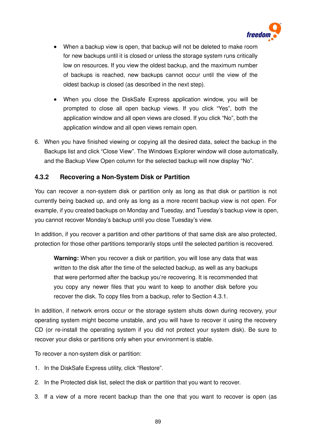 Freedom9 4020 user manual Recovering a Non-System Disk or Partition 