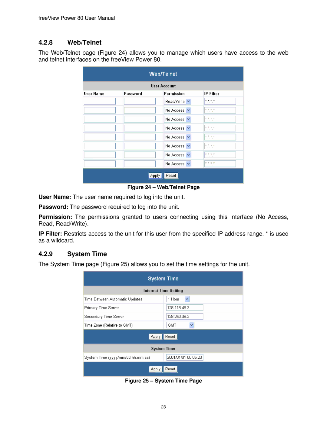 Freedom9 80 user manual 8 Web/Telnet, System Time 