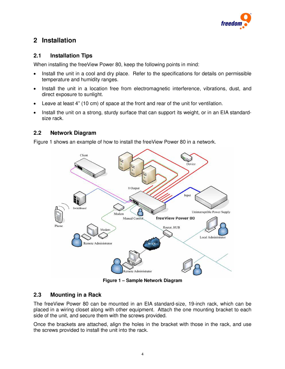 Freedom9 80 user manual Installation Tips, Network Diagram, Mounting in a Rack 