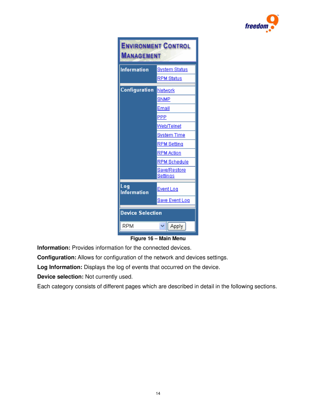 Freedom9 80 user manual Main Menu 