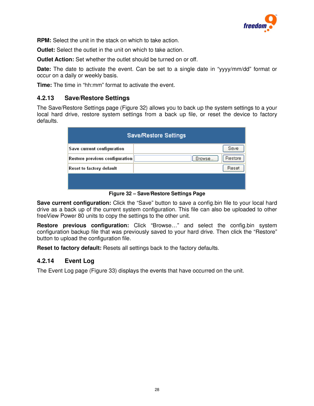 Freedom9 80 user manual Save/Restore Settings, Event Log 