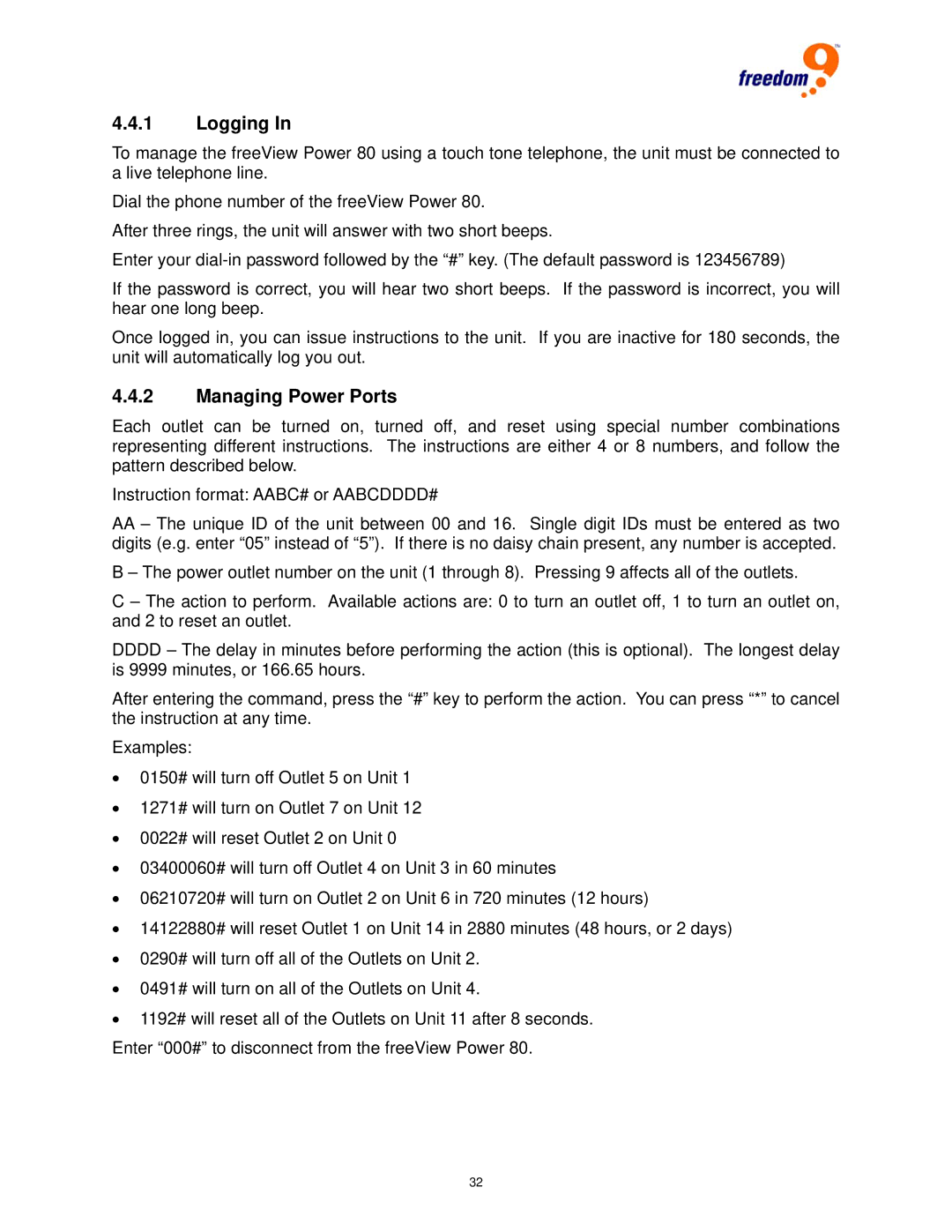 Freedom9 80 user manual Logging, Managing Power Ports 