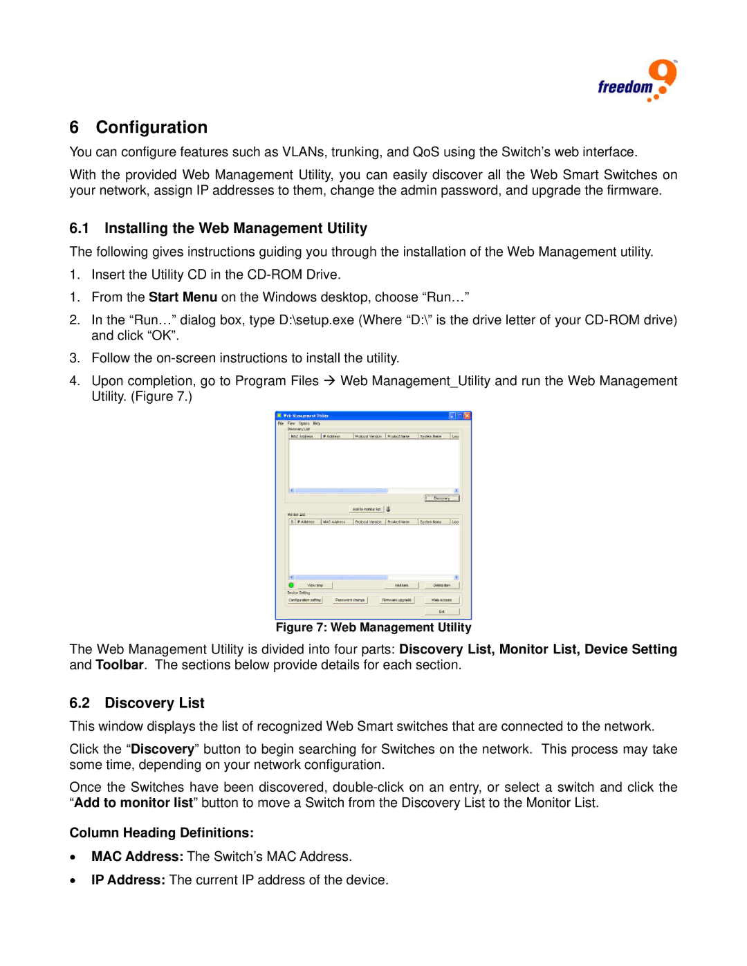 Freedom9 G2400 user manual Configuration, Installing the Web Management Utility, Discovery List, Column Heading Definitions 