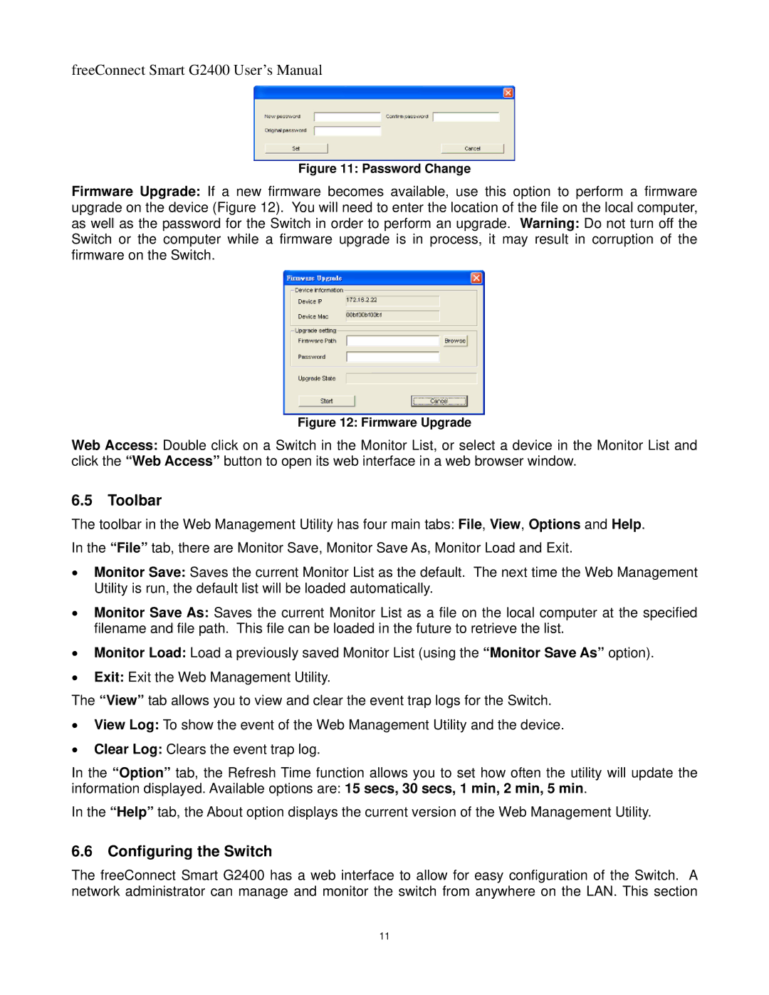 Freedom9 G2400 user manual Toolbar, Configuring the Switch 