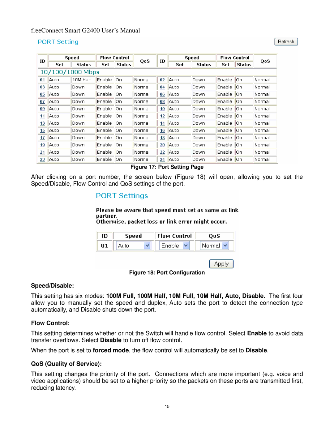 Freedom9 G2400 user manual Speed/Disable, Flow Control, QoS Quality of Service 