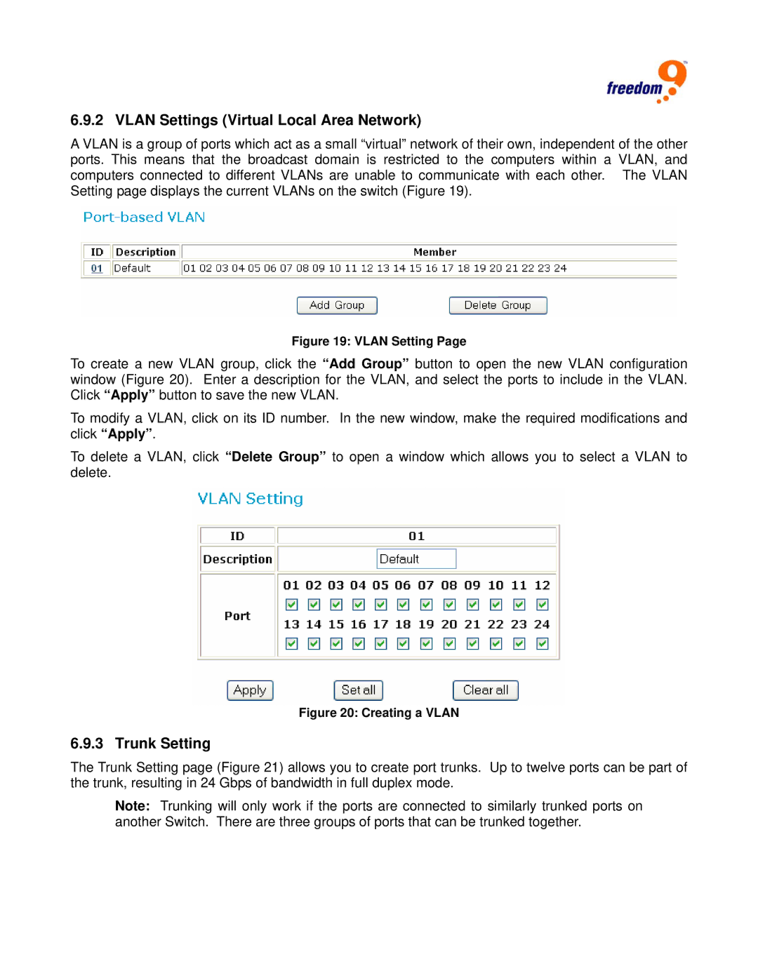 Freedom9 G2400 user manual Vlan Settings Virtual Local Area Network, Trunk Setting 