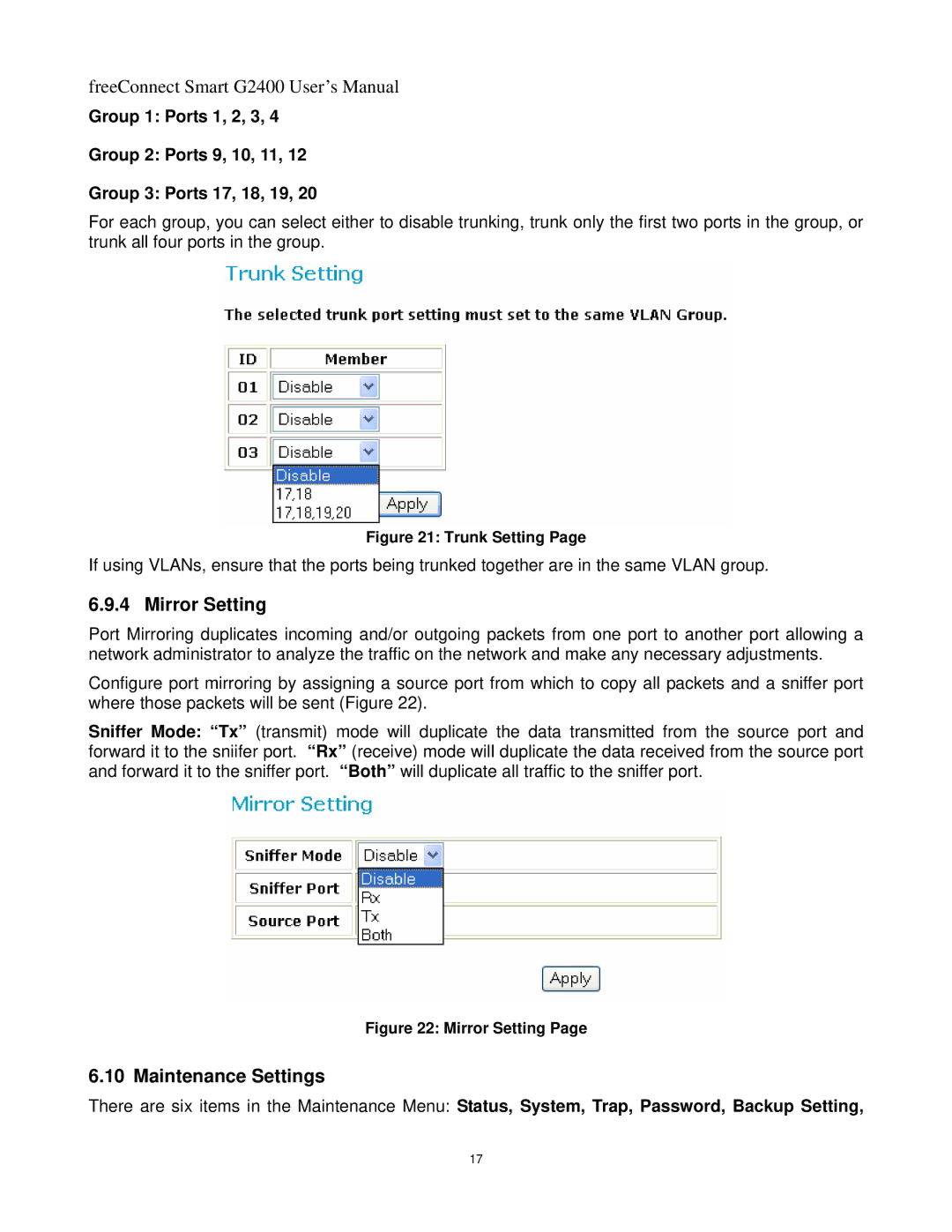 Freedom9 G2400 user manual Mirror Setting, Maintenance Settings 