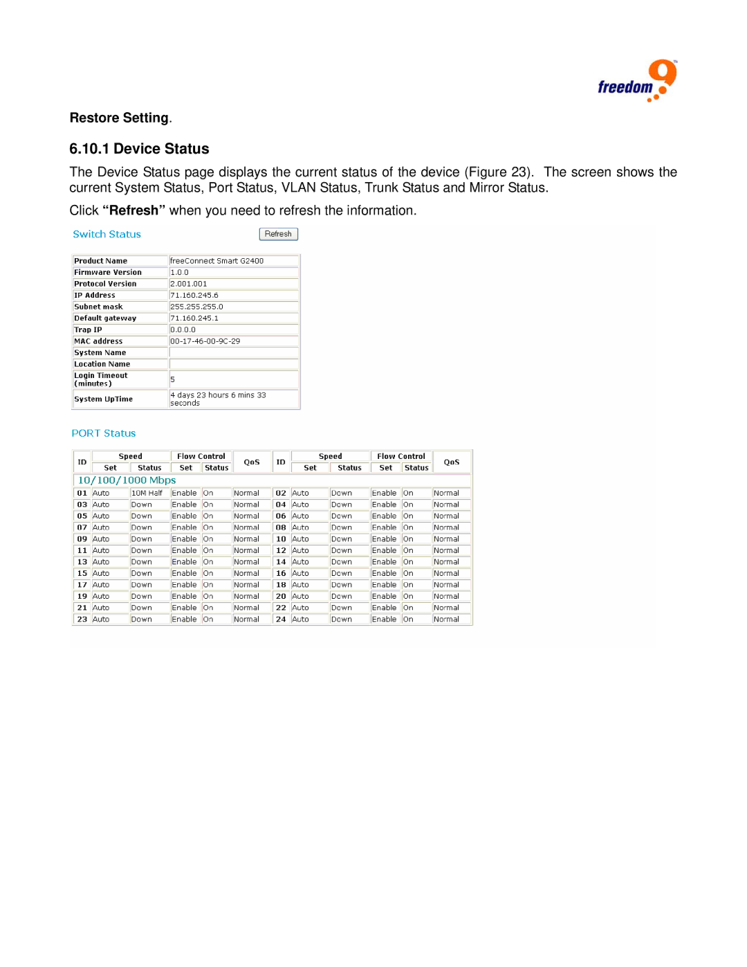 Freedom9 G2400 user manual Device Status, Restore Setting 