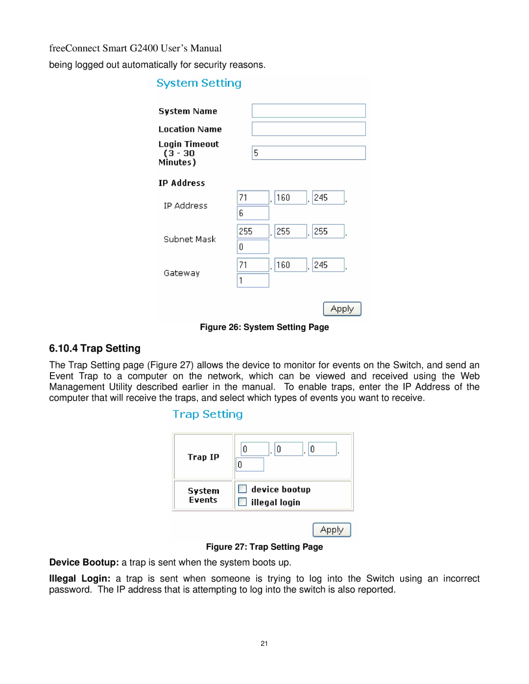 Freedom9 G2400 user manual Trap Setting, System Setting 