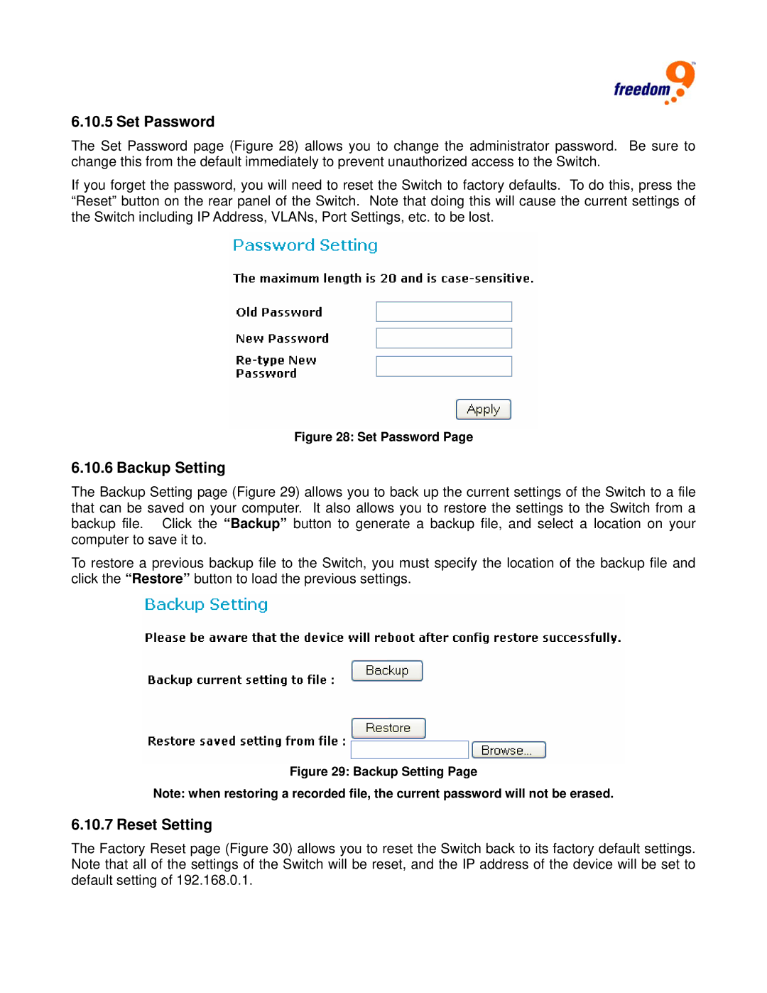 Freedom9 G2400 user manual Set Password, Backup Setting, Reset Setting 