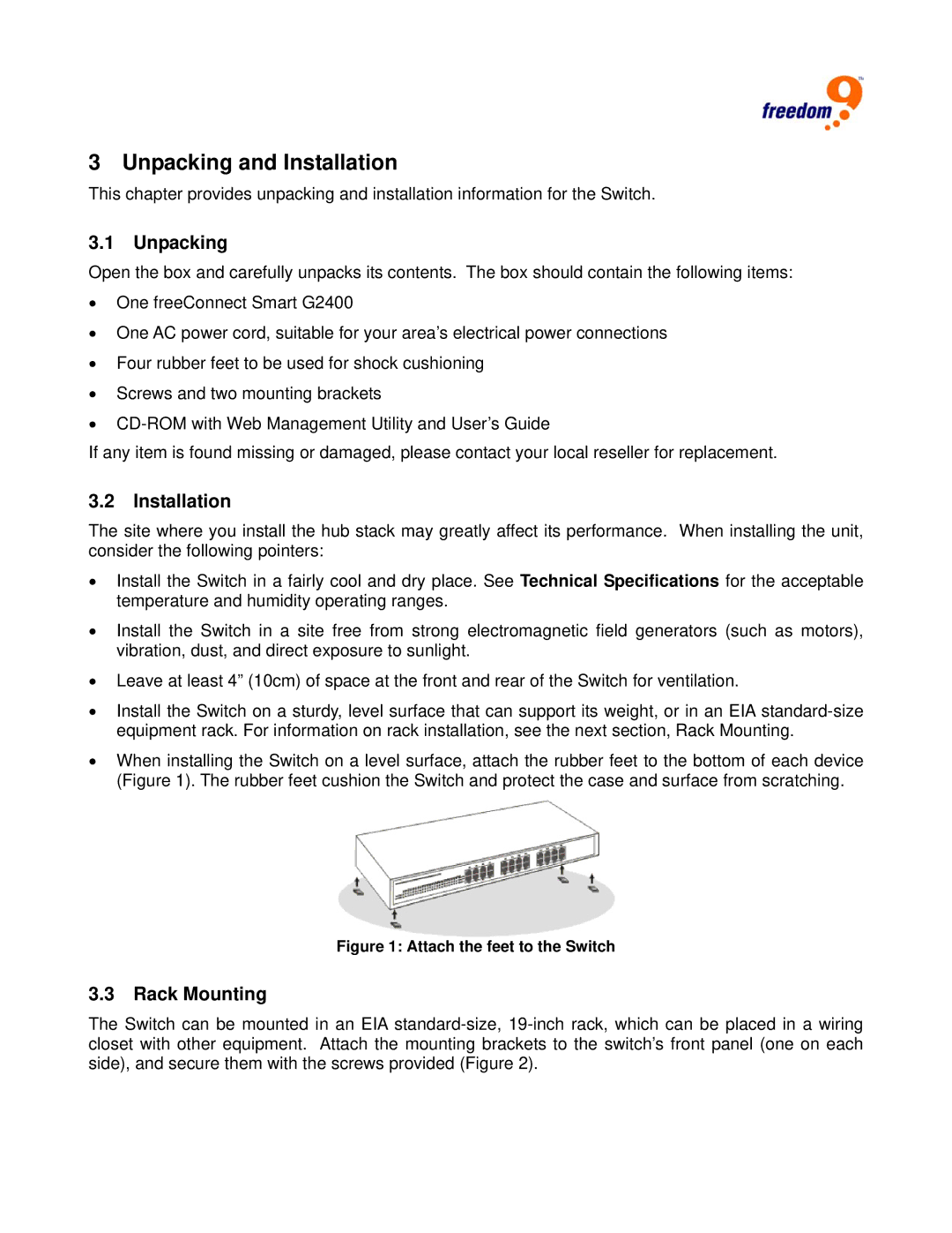 Freedom9 G2400 user manual Unpacking and Installation, Rack Mounting 