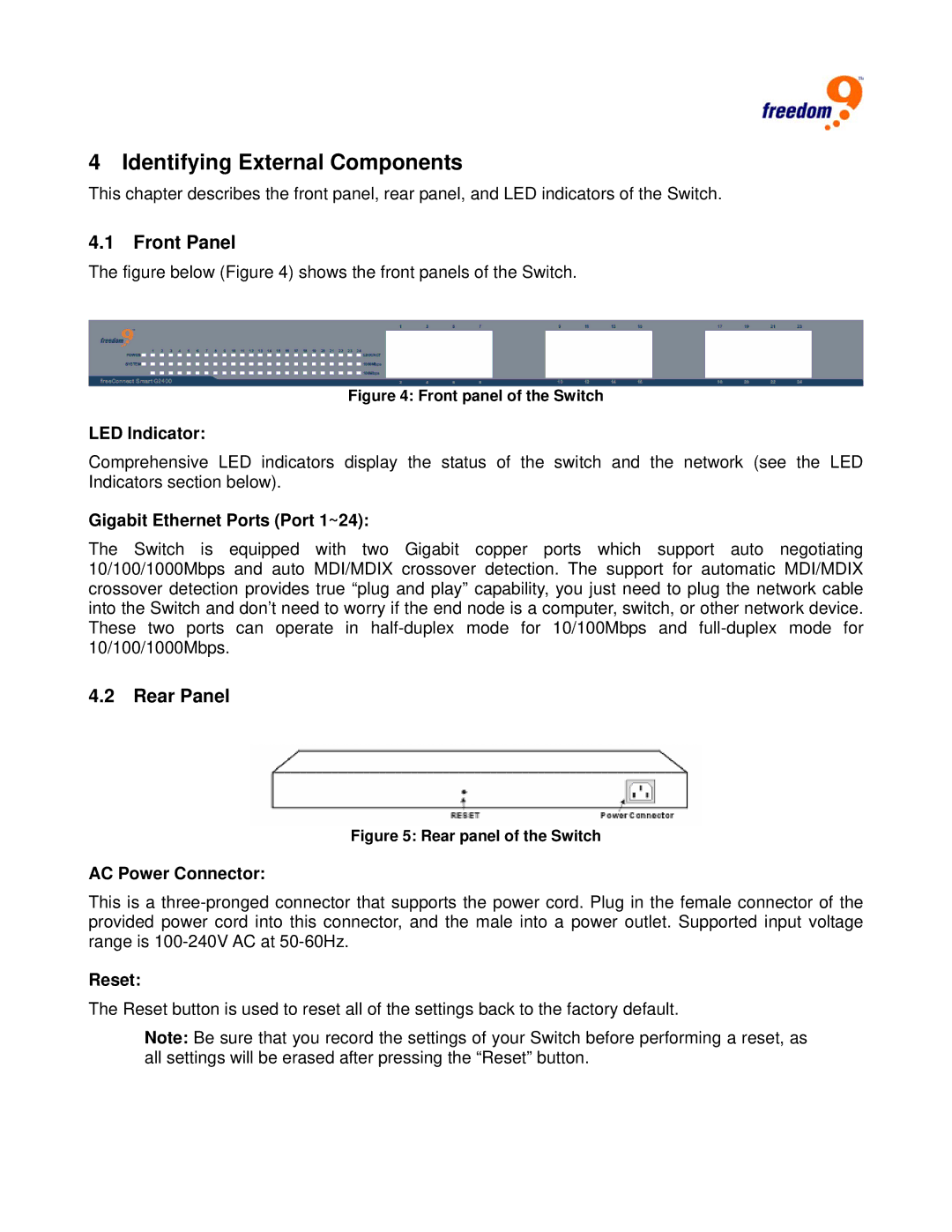 Freedom9 G2400 user manual Identifying External Components, Front Panel, Rear Panel 