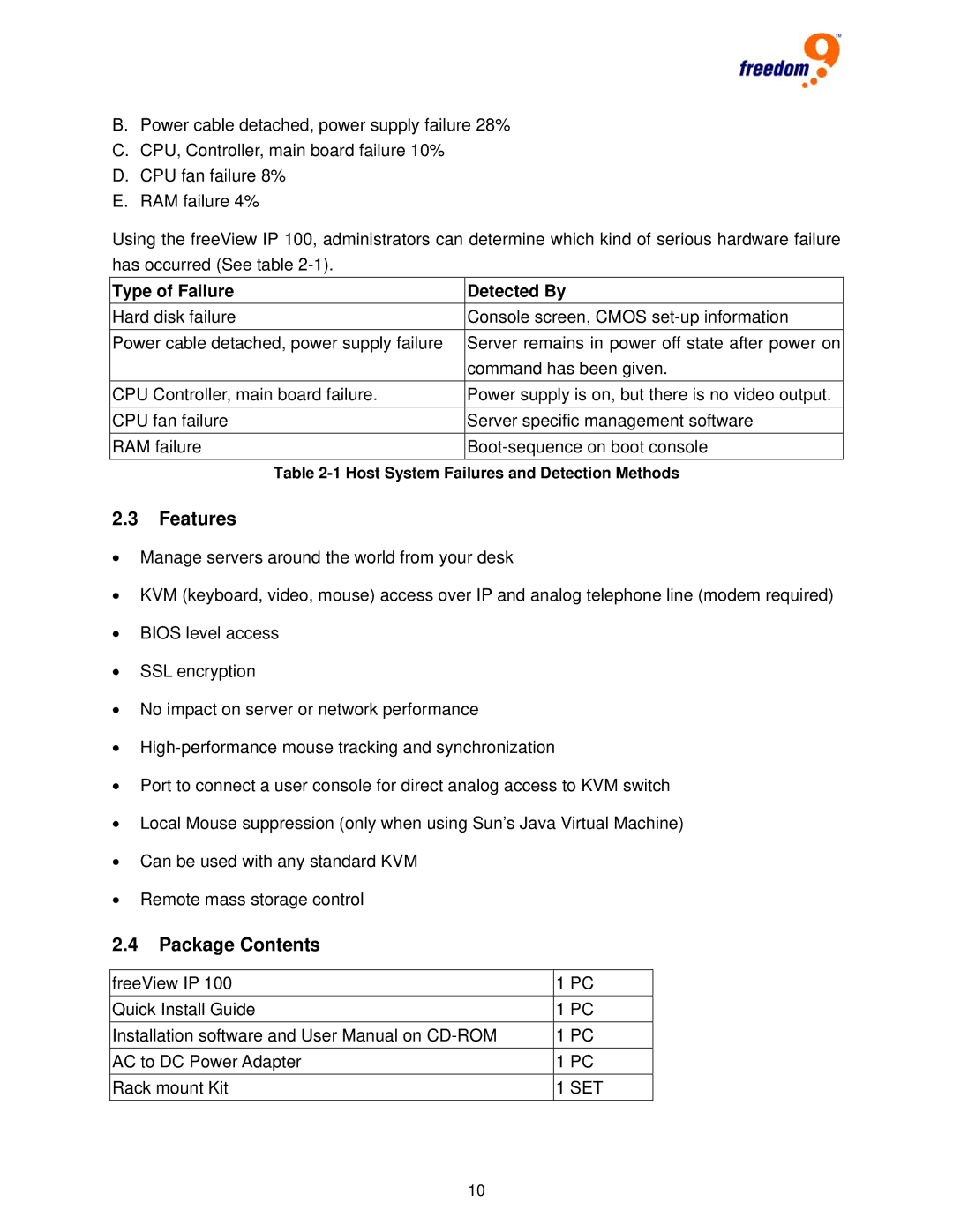 Freedom9 IP 100 user manual Features, Package Contents 