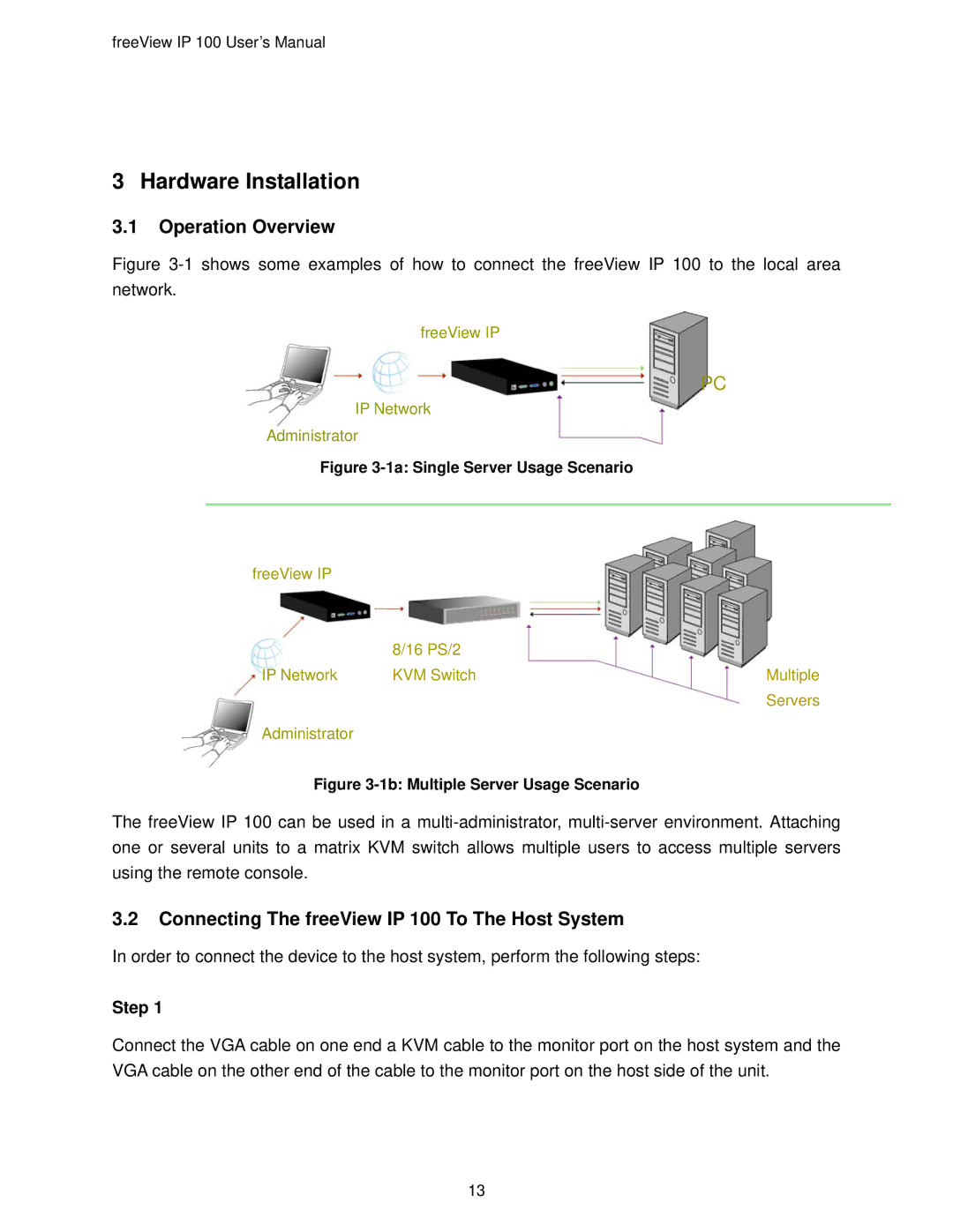 Freedom9 user manual Operation Overview, Connecting The freeView IP 100 To The Host System, Step 