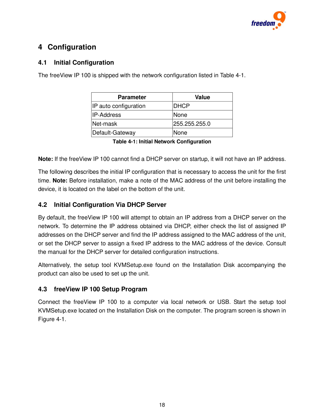 Freedom9 user manual Initial Configuration Via Dhcp Server, FreeView IP 100 Setup Program, Parameter Value 