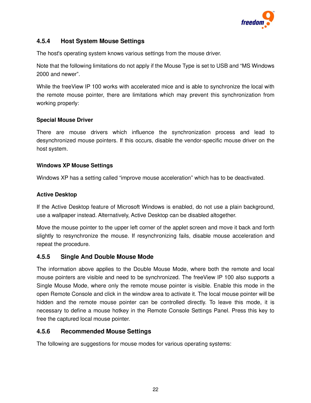 Freedom9 IP 100 user manual Host System Mouse Settings, Single And Double Mouse Mode, Recommended Mouse Settings 