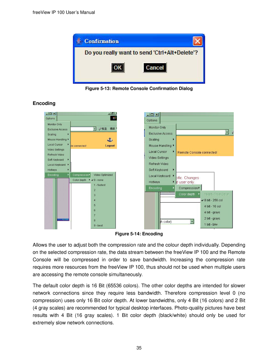 Freedom9 IP 100 user manual Encoding, Remote Console Confirmation Dialog 
