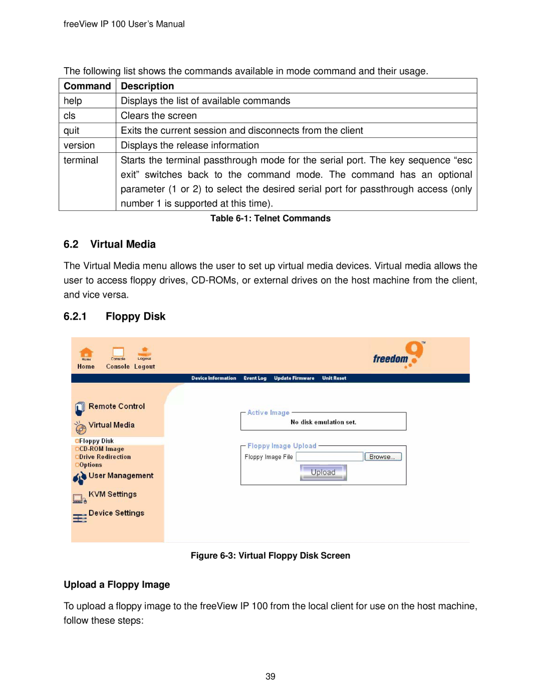 Freedom9 IP 100 user manual Virtual Media, Floppy Disk, Command Description, Upload a Floppy Image 