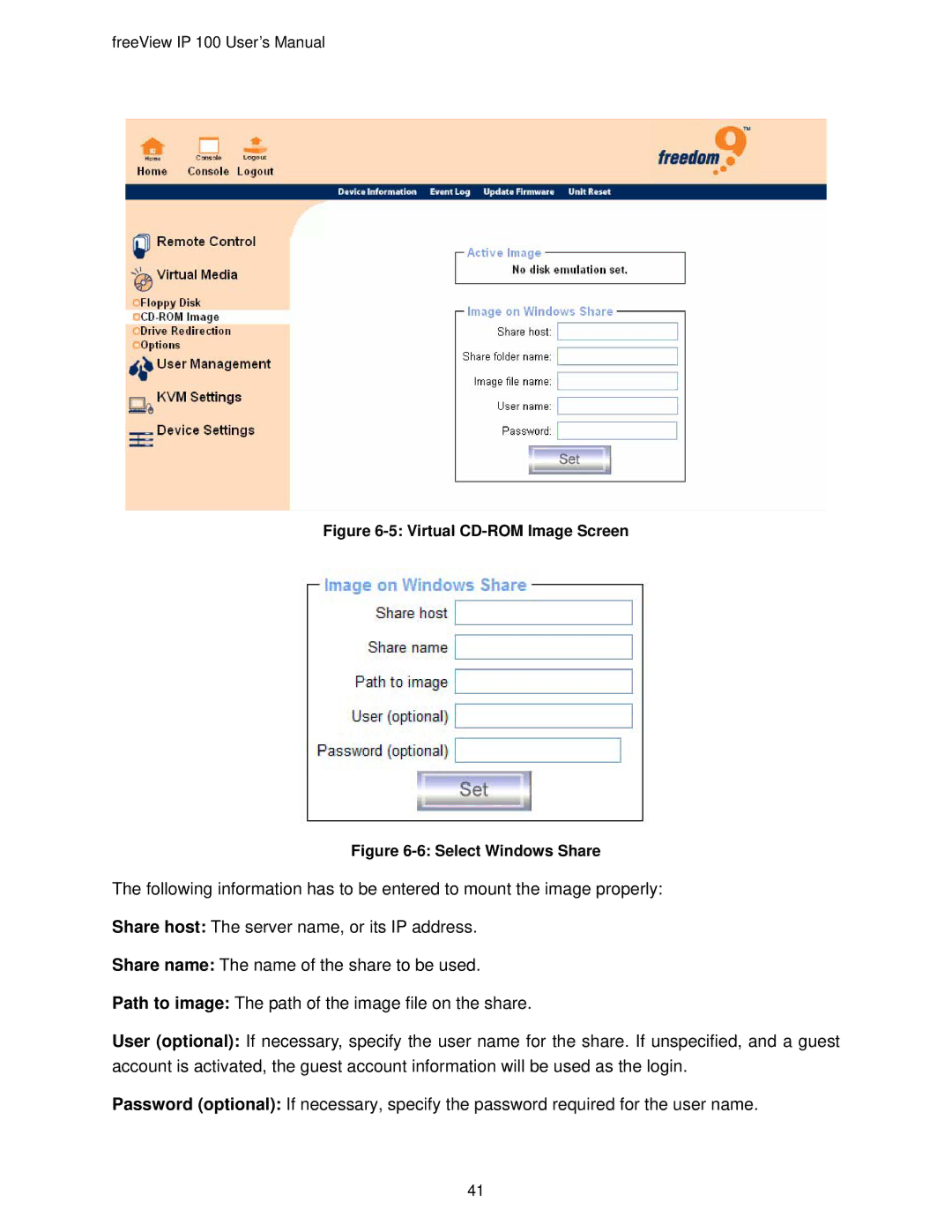 Freedom9 IP 100 user manual Virtual CD-ROM Image Screen 