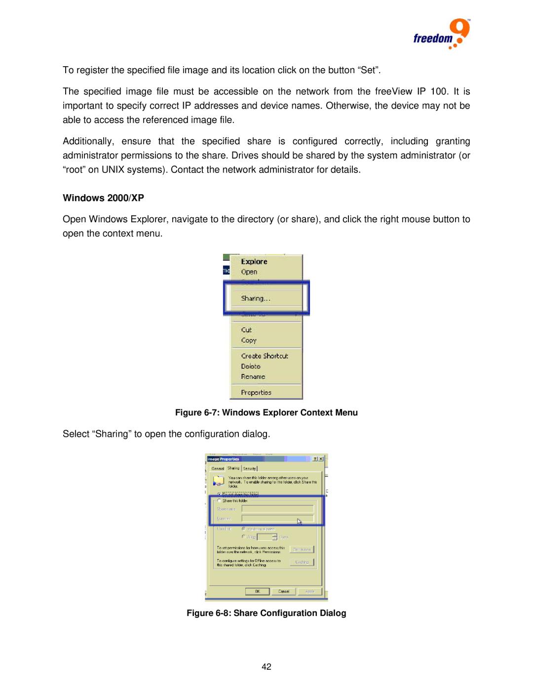 Freedom9 IP 100 user manual Windows 2000/XP, Windows Explorer Context Menu 