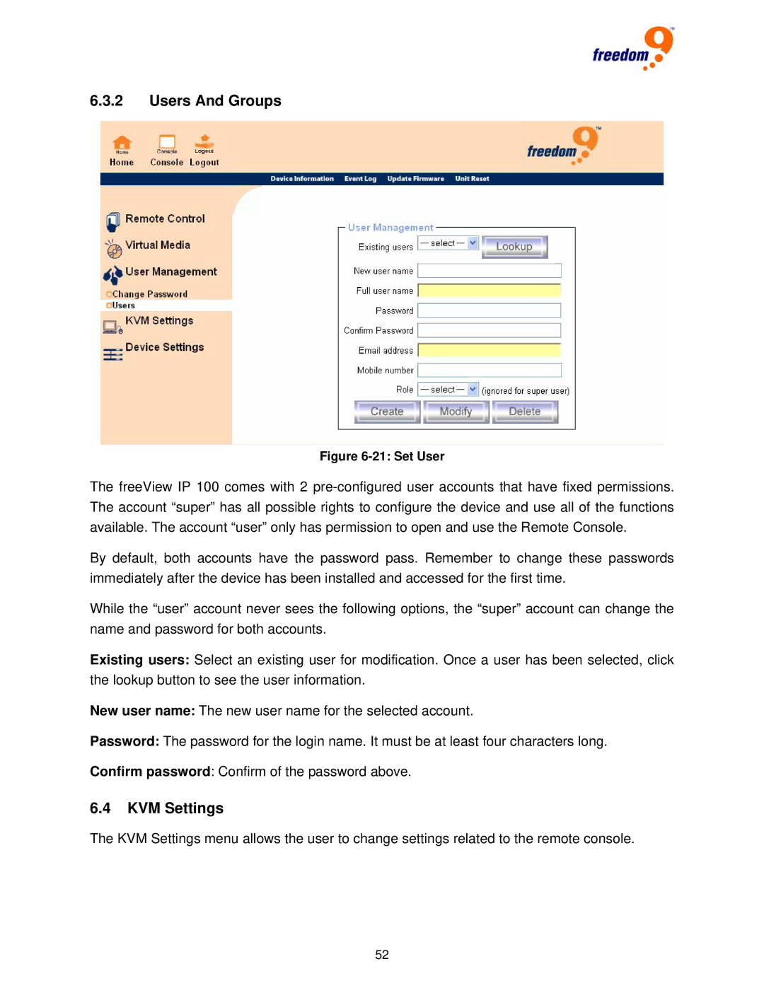 Freedom9 IP 100 user manual Users And Groups, KVM Settings 