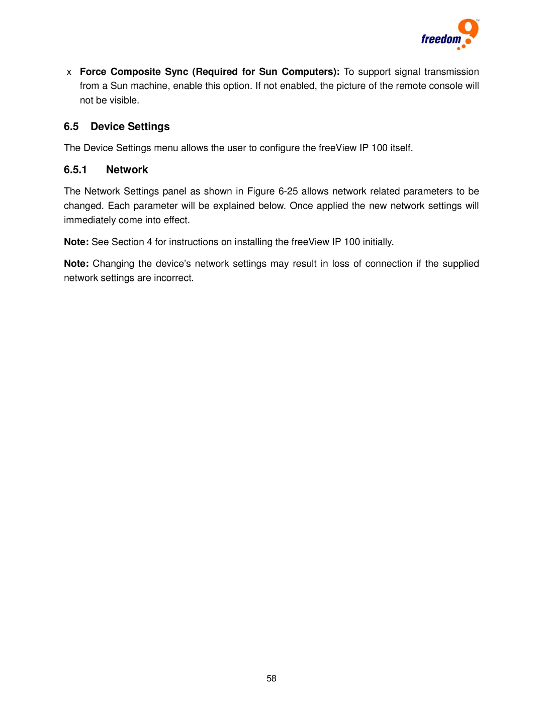 Freedom9 IP 100 user manual Device Settings, Network 