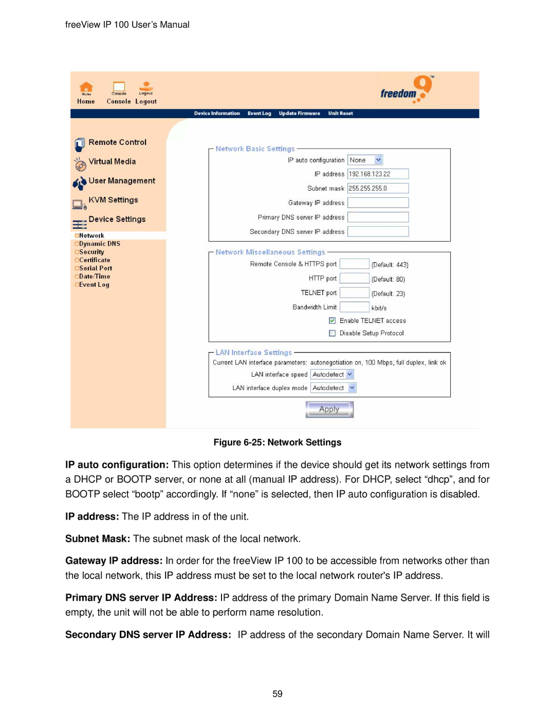 Freedom9 IP 100 user manual Network Settings 