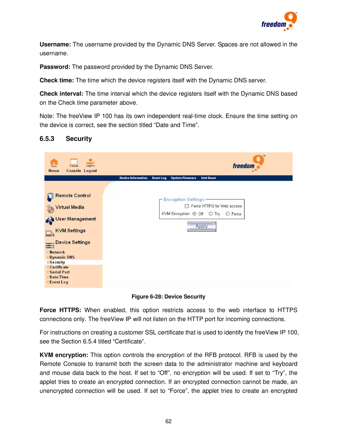 Freedom9 IP 100 user manual Device Security 