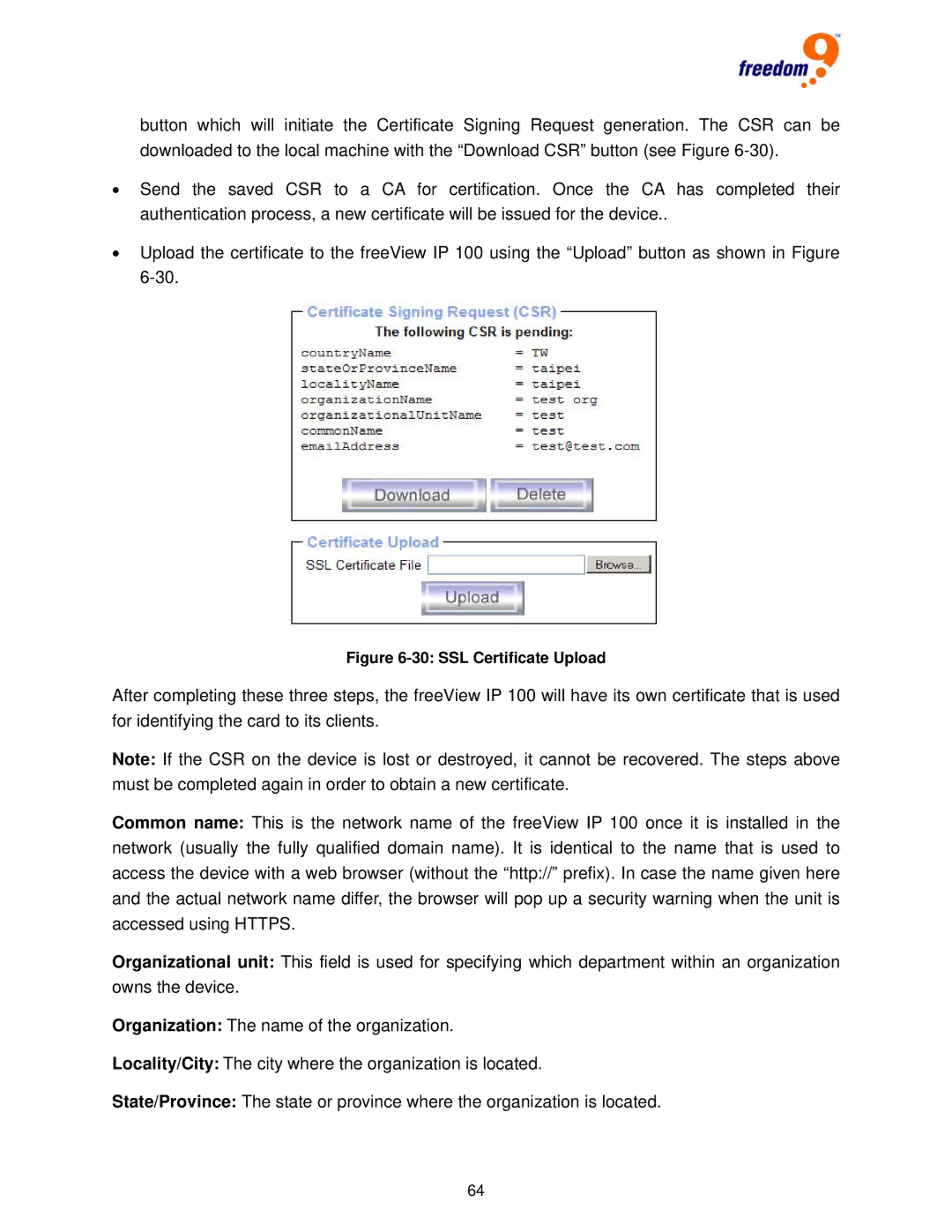 Freedom9 IP 100 user manual SSL Certificate Upload 