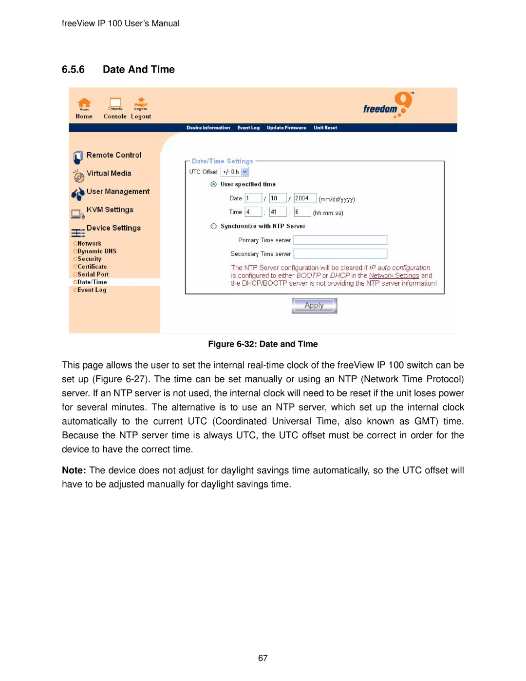 Freedom9 IP 100 user manual Date And Time, Date and Time 