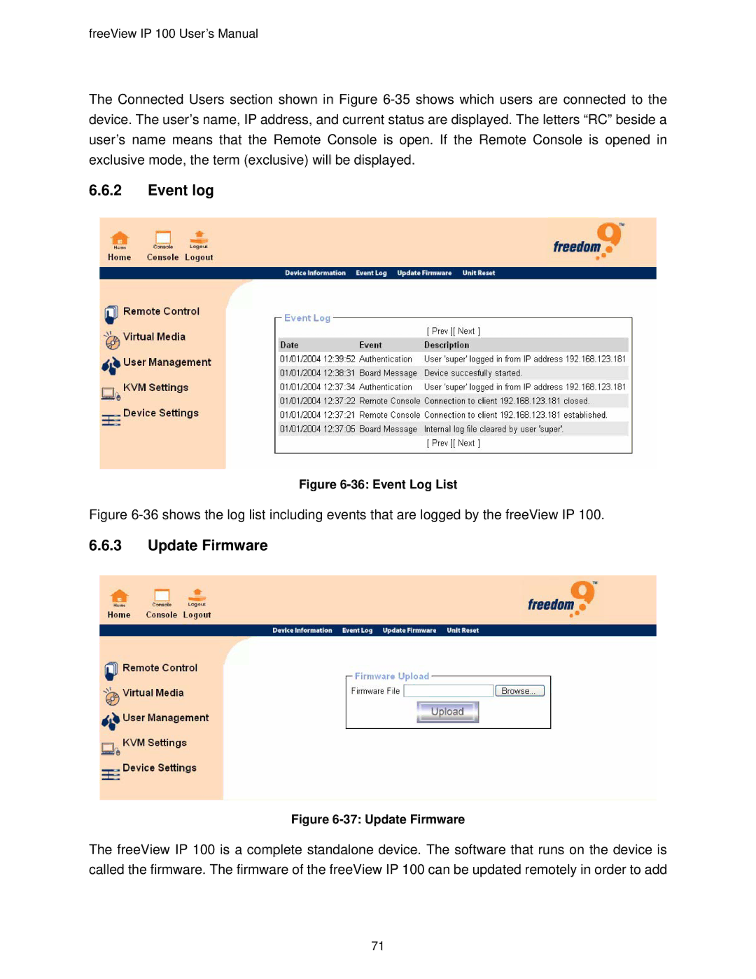 Freedom9 IP 100 user manual Update Firmware, Event Log List 